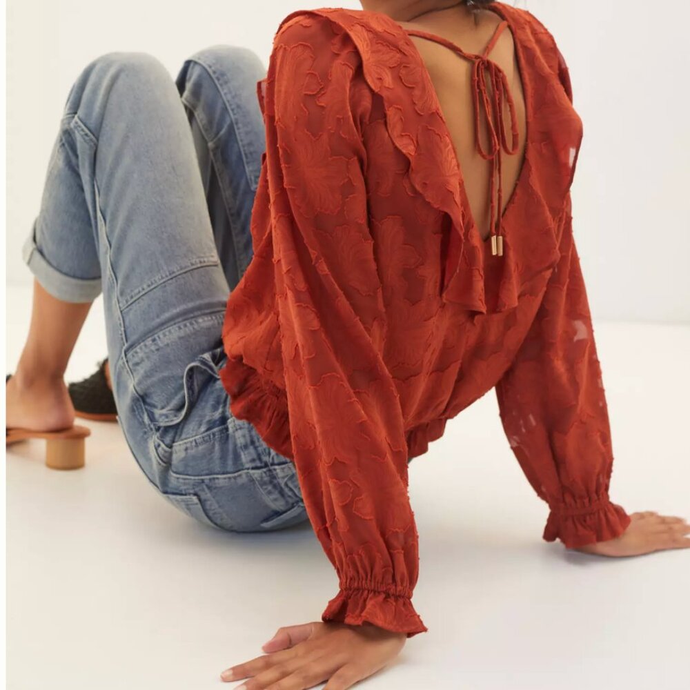 Anthropologie Textured Floral Blouse In Crimson - image 5